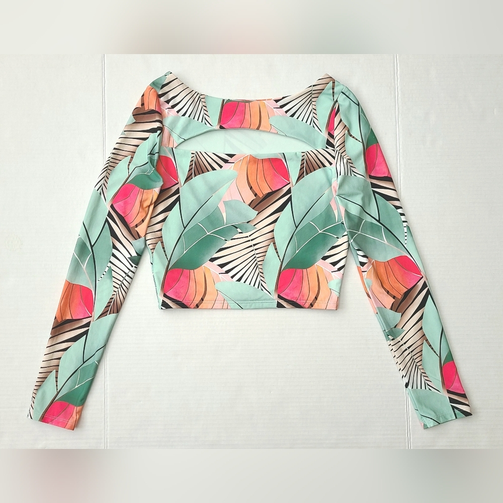 CALIA Swim Long Sleeve Crop Top Rashguard Desert Flora Agave Leaf Sz XS NWOT - Picture 6 of 12